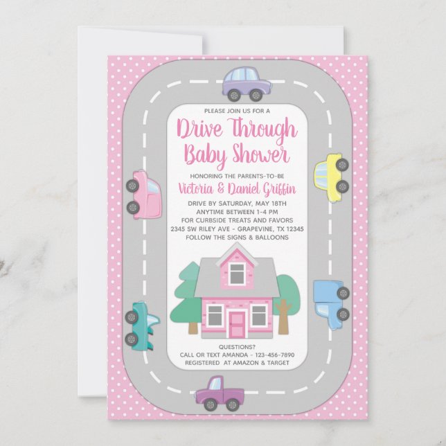 Girl Drive Through Baby Shower Invitation (Front)