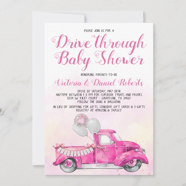 Girl Drive Through Baby Shower Invitation (Front)
