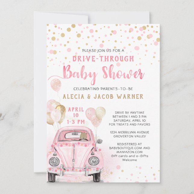 Girl Drive Through Baby Shower Pink Gold Car Invitation (Front)