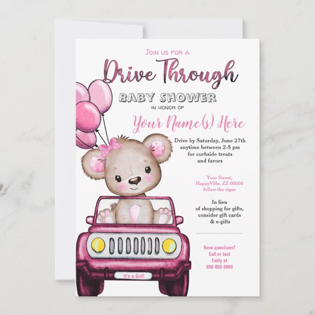 Girl Drive Through Baby Shower Teddy Bear Invitation (Front)