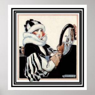 Girl Driving Car -Art Deco Print 20 x 22