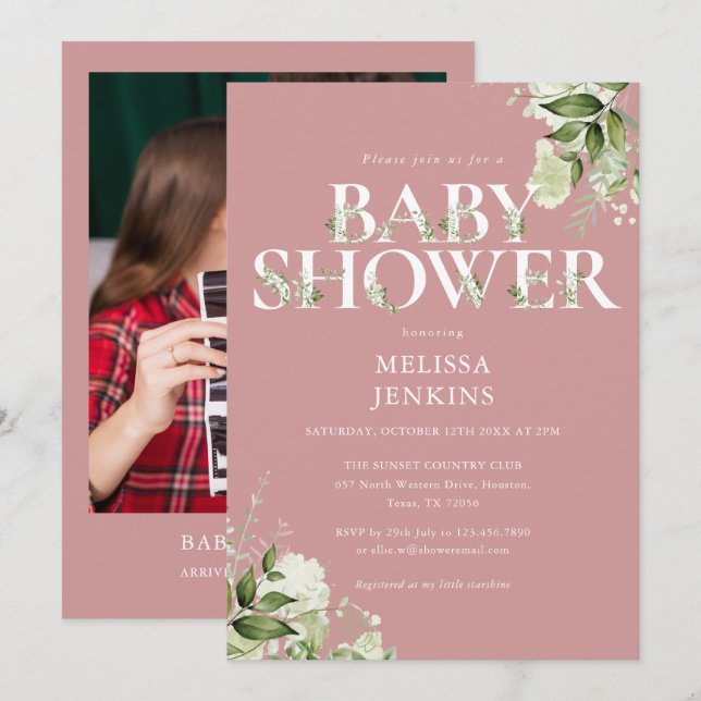 Girl Dusty Rose Pink Greenery Pink Baby Shower Invitation (Front/Back)