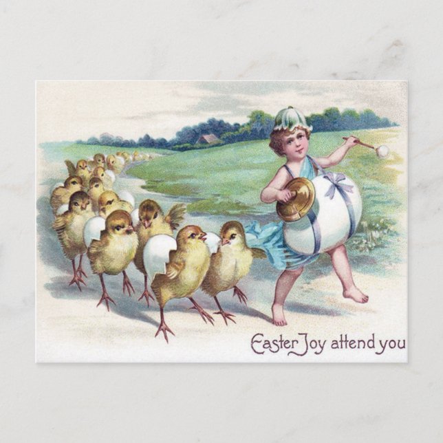 Girl Easter Chick Egg Drum Victorian Holiday Postcard (Front)