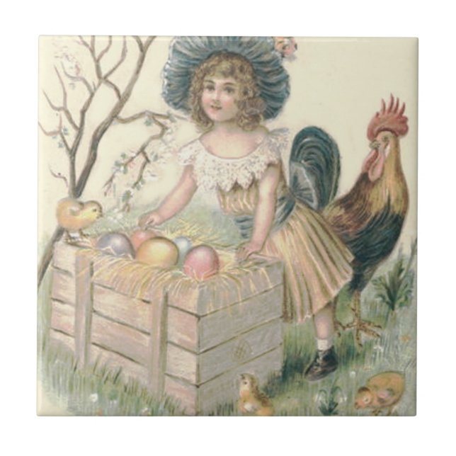 Girl Easter Chick Rooster Coloured Egg Tile (Front)