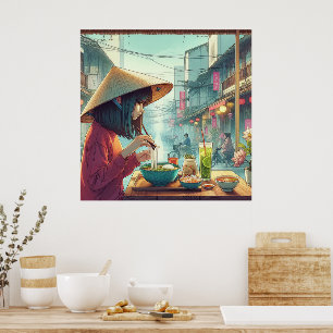 girl eat pho vietnam poster
