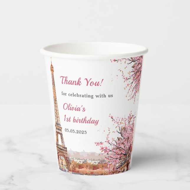 Girl Eiffel Tower Paris 1st Birthday Paper Cups (Front)