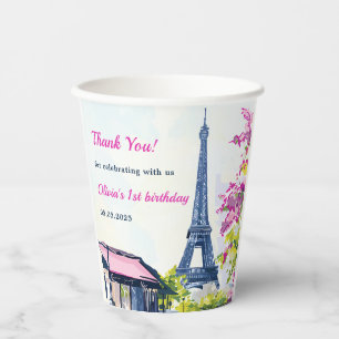 Girl Eiffel Tower Paris 1st Birthday Paper Cups