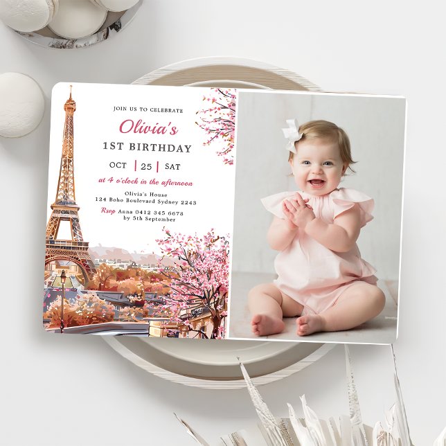 Girl Eiffel Tower Paris 1st Birthday Photo  Invitation (Creator Uploaded)