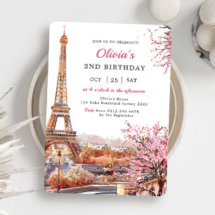 Girl Eiffel Tower Paris 2nd Birthday Party Invitation