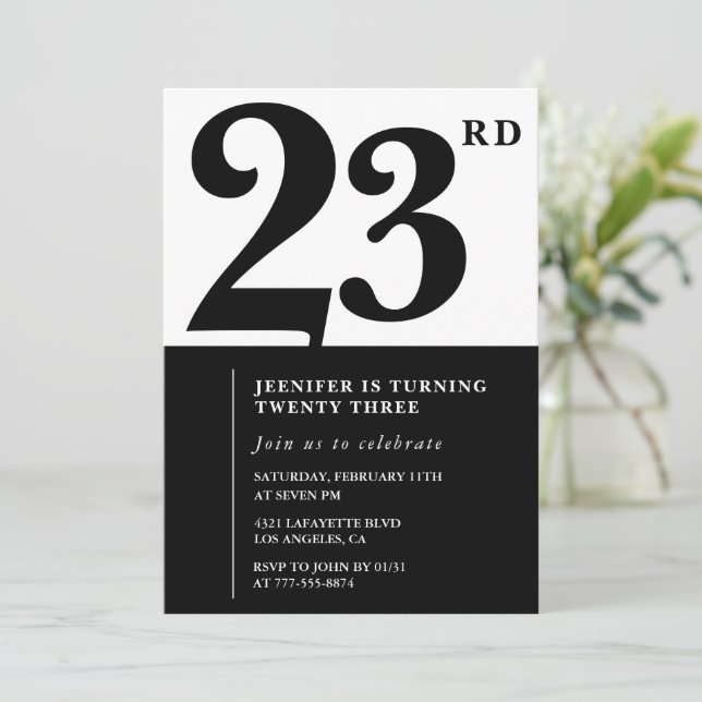 Girl Elegant 23rd birthday invitation Black White  (Standing Front)