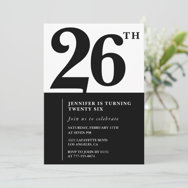 Girl Elegant 26th birthday invitation Black White  (Standing Front)