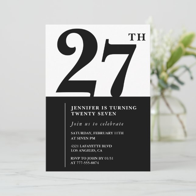 Girl Elegant 27th birthday invitation Black White  (Standing Front)