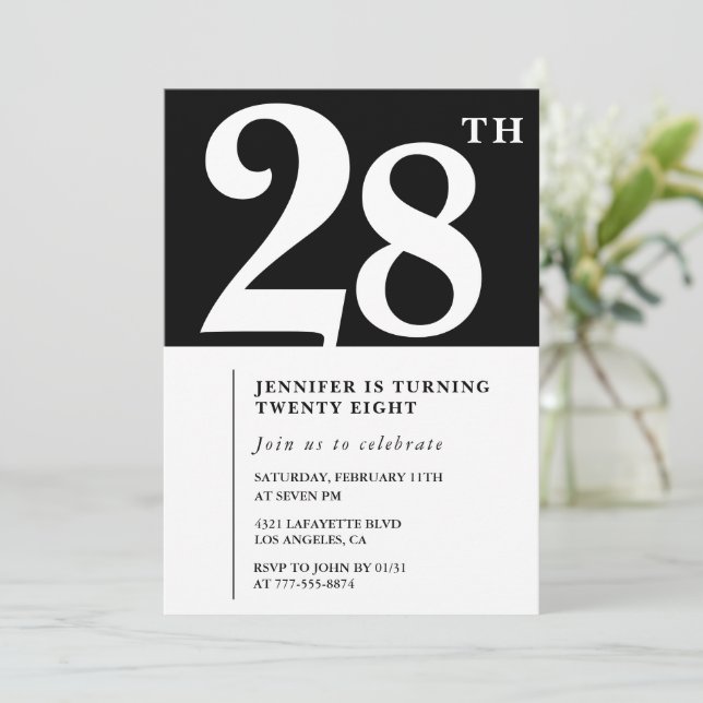 Girl Elegant 28th birthday invitation Chic Simple (Standing Front)
