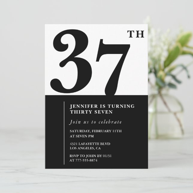 Girl Elegant 37th birthday invitation Black White  (Standing Front)
