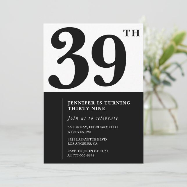 Girl Elegant 39th birthday invitation Black White  (Standing Front)