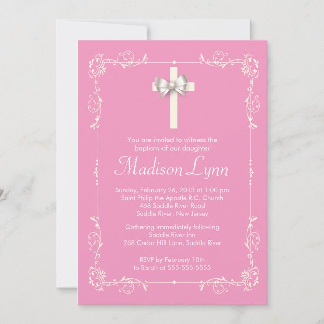 Girl Elegant Baptism | Christening Elegant Cross Invitation (Front)