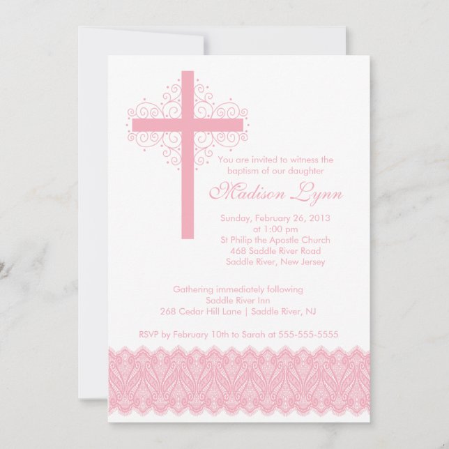 Girl Elegant Lace  Baptism | Christening Cross Invitation (Front)