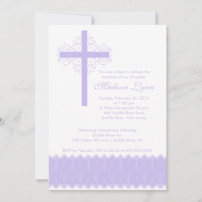 Girl Elegant Lace  Baptism | Christening Cross Invitation (Front)