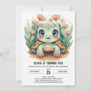 Girl Elegant Turtle Girl Birthday Invitation