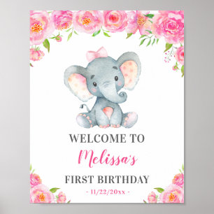 Girl Elephant 1st 2nd 3rd Birthday Party Welcome Poster