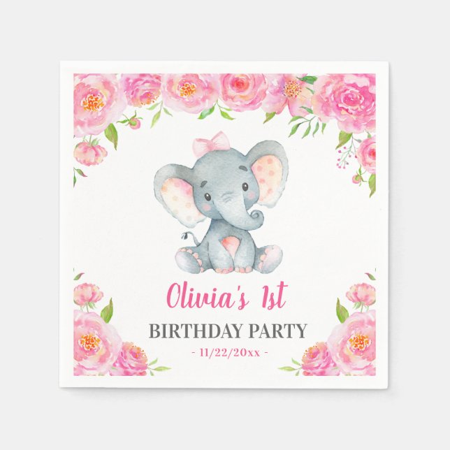 Girl Elephant 1st 2nd Birthday Party Little Peanut Napkin (Front)