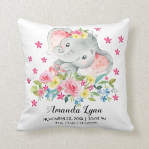 GIRL Elephant Baby Birth Stats Pillow