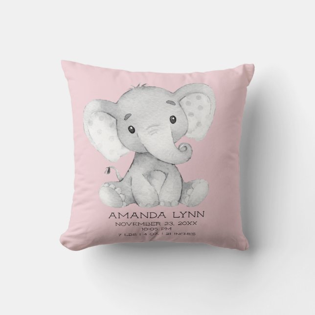 GIRL Elephant Baby Birth Stats Pillow (Front)