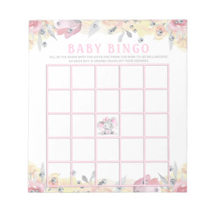 Girl Elephant Baby Shower Bingo Game Cards Notepad