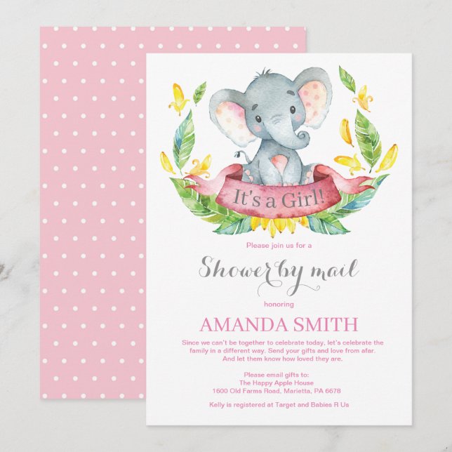 Girl Elephant Baby Shower by Mail Invitation (Front/Back)