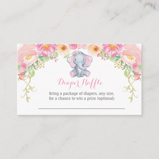 Girl Elephant Baby Shower Diaper Raffle Card (Front)