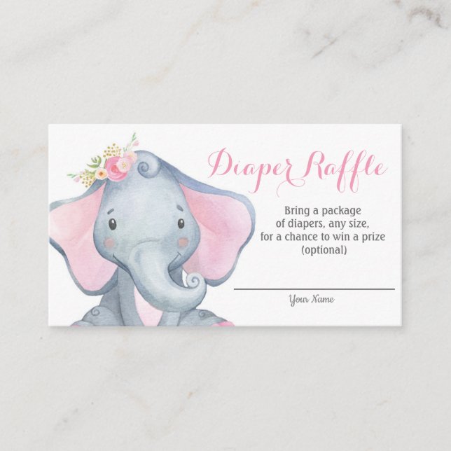 Girl Elephant Baby Shower Diaper Raffle Card (Front)