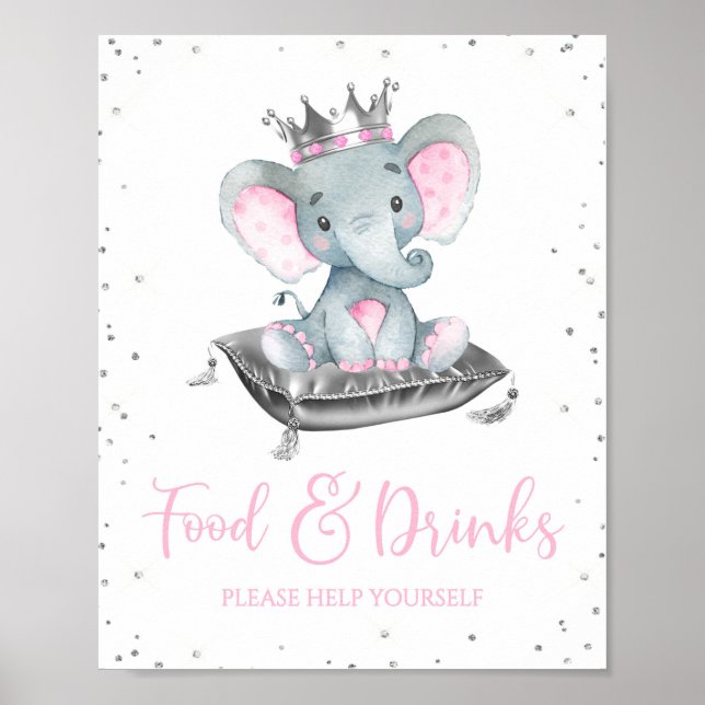 Girl Elephant Baby Shower Food Table Signs (Front)