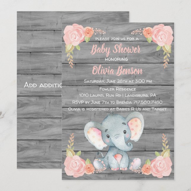 Girl Elephant Baby Shower Invitation (Front/Back)