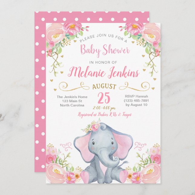 Girl Elephant Baby Shower Invitation (Front/Back)