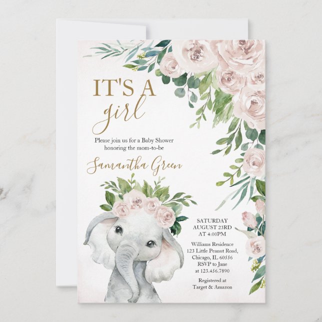 Girl Elephant Baby Shower Invitation (Front)