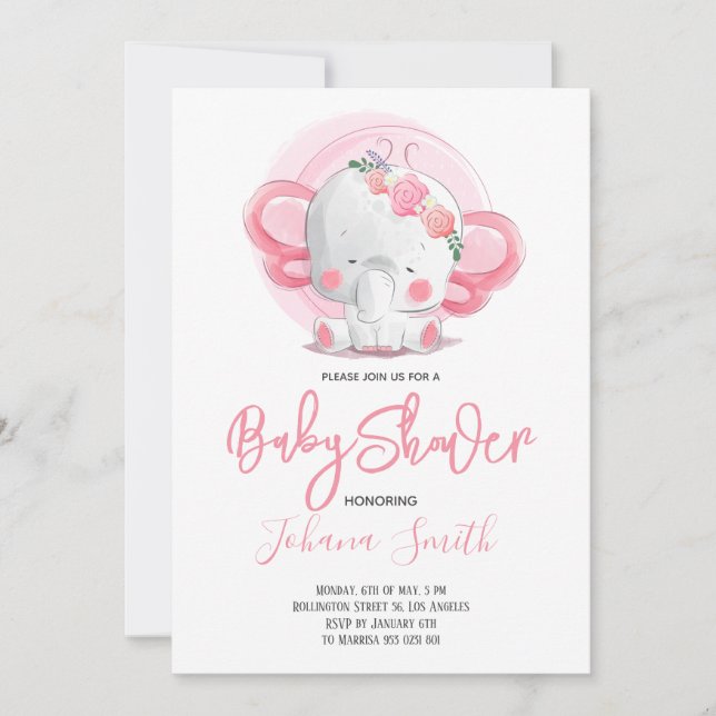 Girl Elephant Baby Shower Invitation (Front)