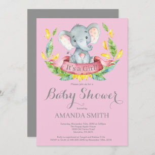 Girl Elephant Baby Shower Invitation Pink and Grey