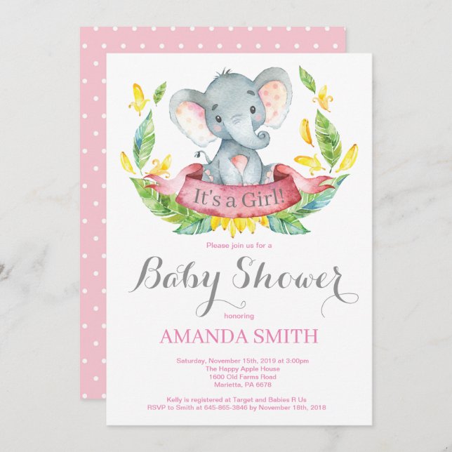 Girl Elephant Baby Shower Invitation Pink and Grey (Front/Back)