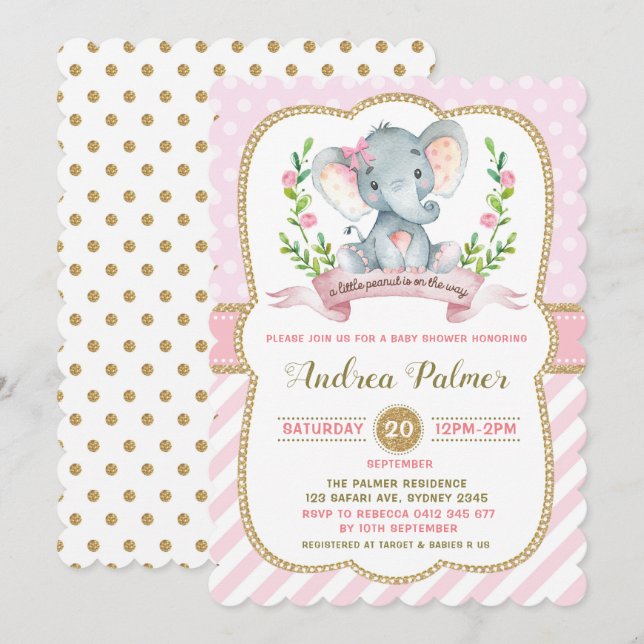 Girl Elephant Baby Shower Invitation Pink & Gold (Front/Back)