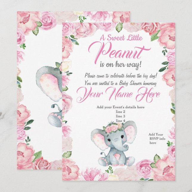 Girl Elephant Baby Shower Invitation roses pink (Front/Back)