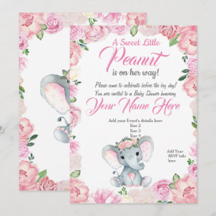 Girl Elephant Baby Shower Invitation roses pink