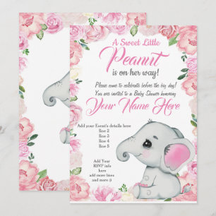 Girl Elephant Baby Shower Invitation roses pink