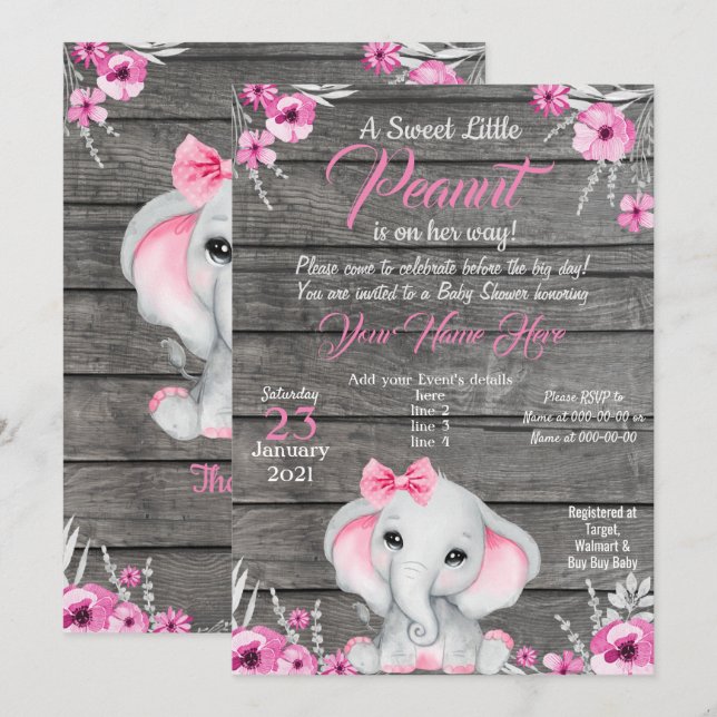Girl Elephant Baby Shower Invitation, rustic, pink Invitation (Front/Back)