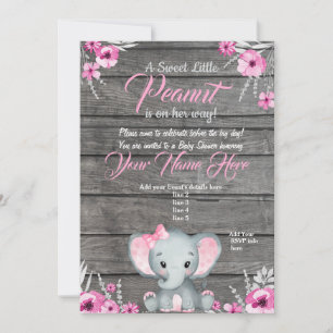 Girl Elephant Baby Shower Invitation, rustic, pink Invitation
