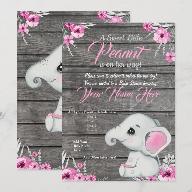 Girl Elephant Baby Shower Invitation, rustic, pink Invitation (Front/Back)