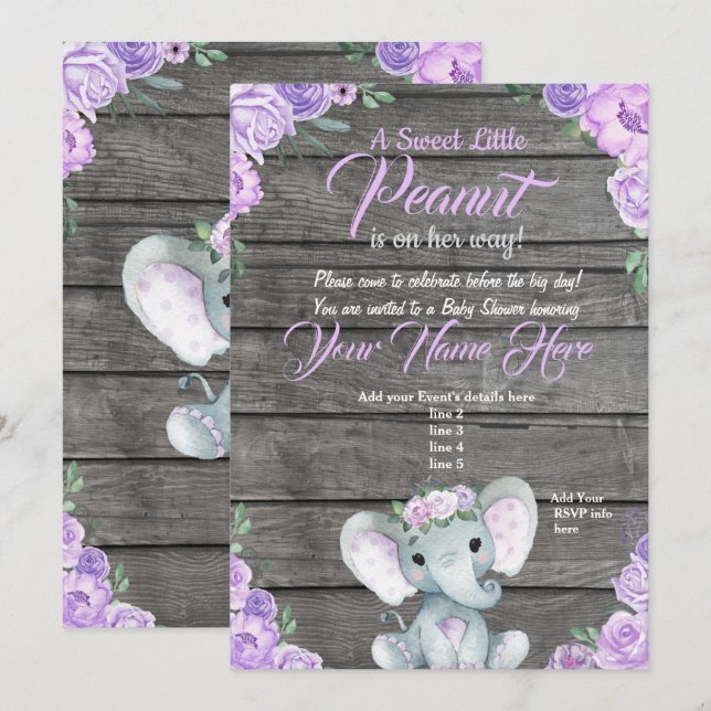 Girl Elephant Baby Shower Invitation rustic purple (Front/Back)