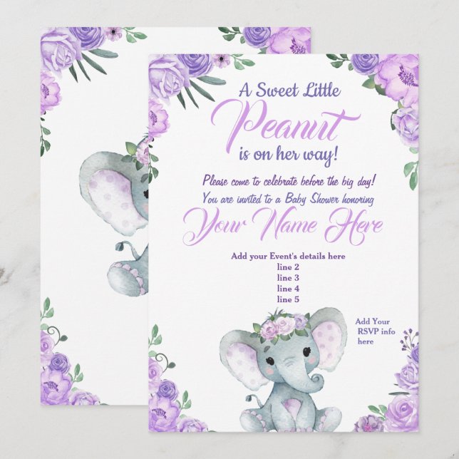 Girl Elephant Baby Shower Invitation rustic purple (Front/Back)