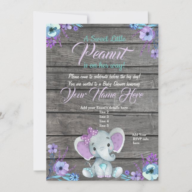 Girl Elephant Baby Shower Invitation, rustic, teal Invitation (Front)