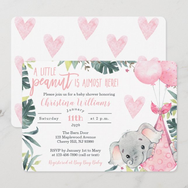 Girl Elephant Baby Shower Invitations (Front/Back)
