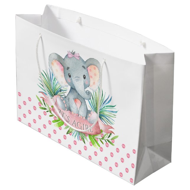 Girl Elephant Baby Shower Large Gift Bag (Back Angled)